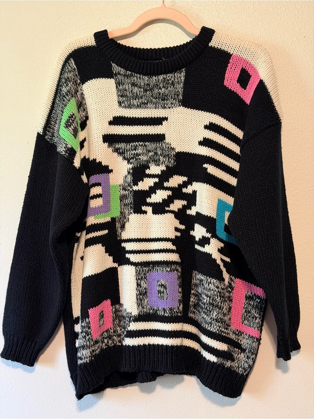 90’s Abstract Geometric Crewneck Sweater in Black and White with Color Blocks
